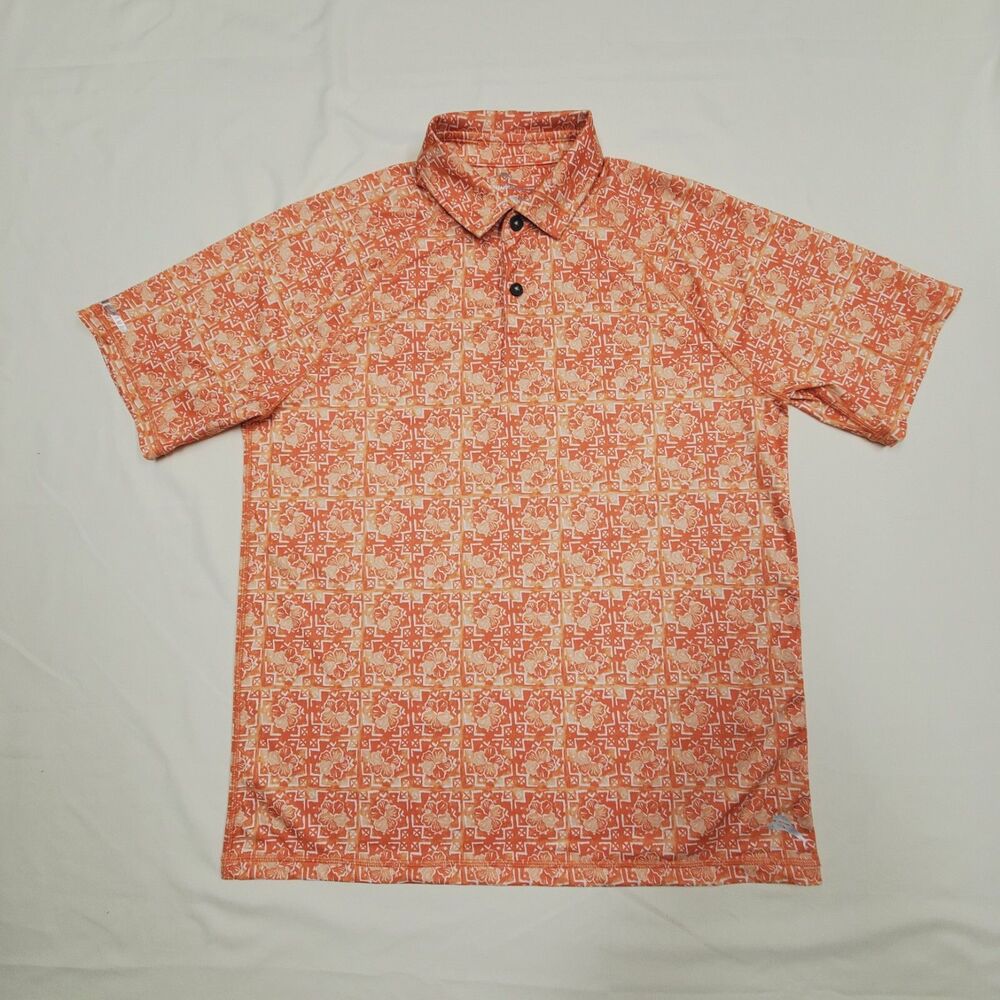 M Tommy Bahama Daytona Peach Orange Island Zone Hibiscus Tiles Polo Shirt 42"